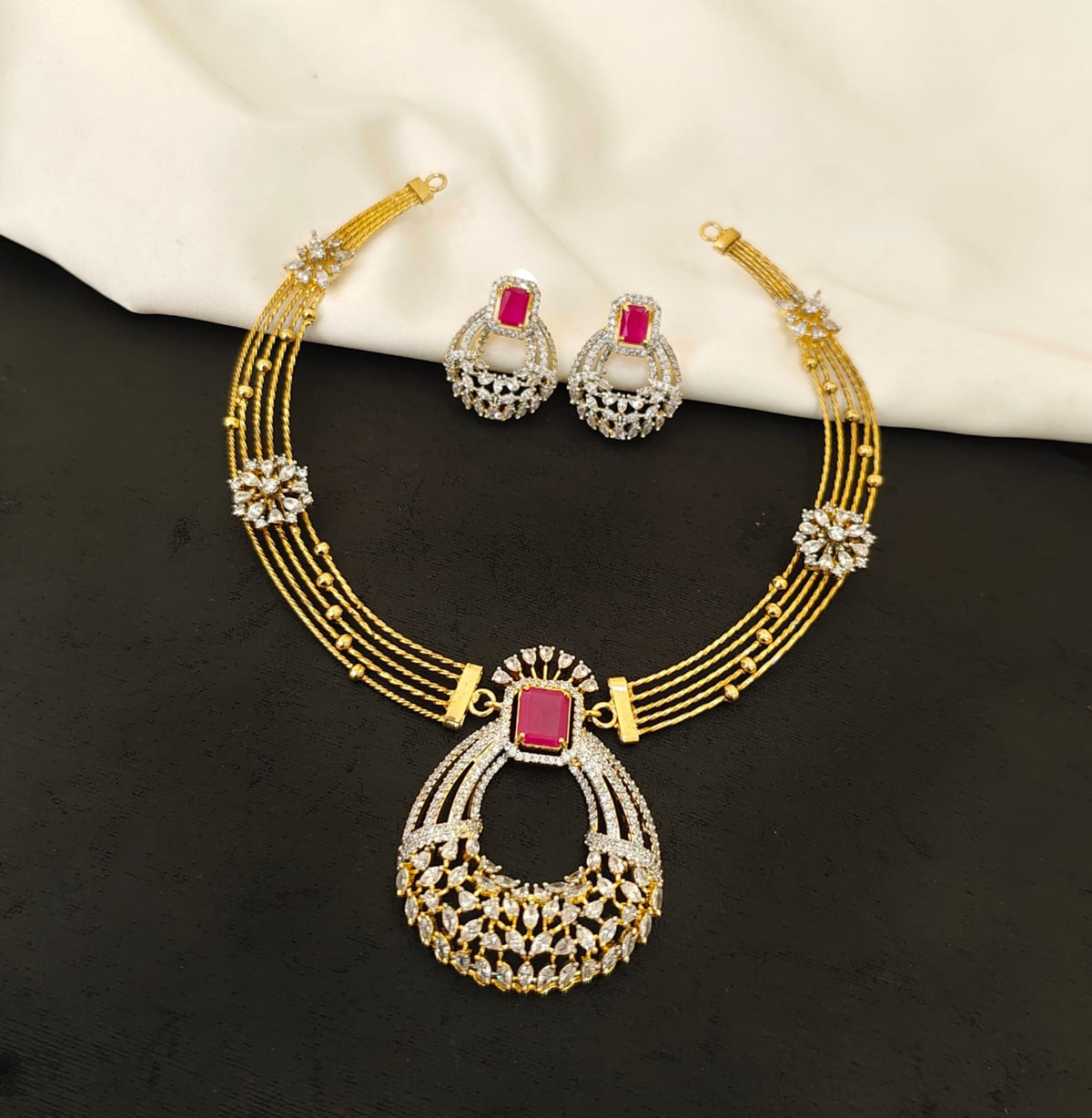 Ruby Pink AD Pendant Necklace Set