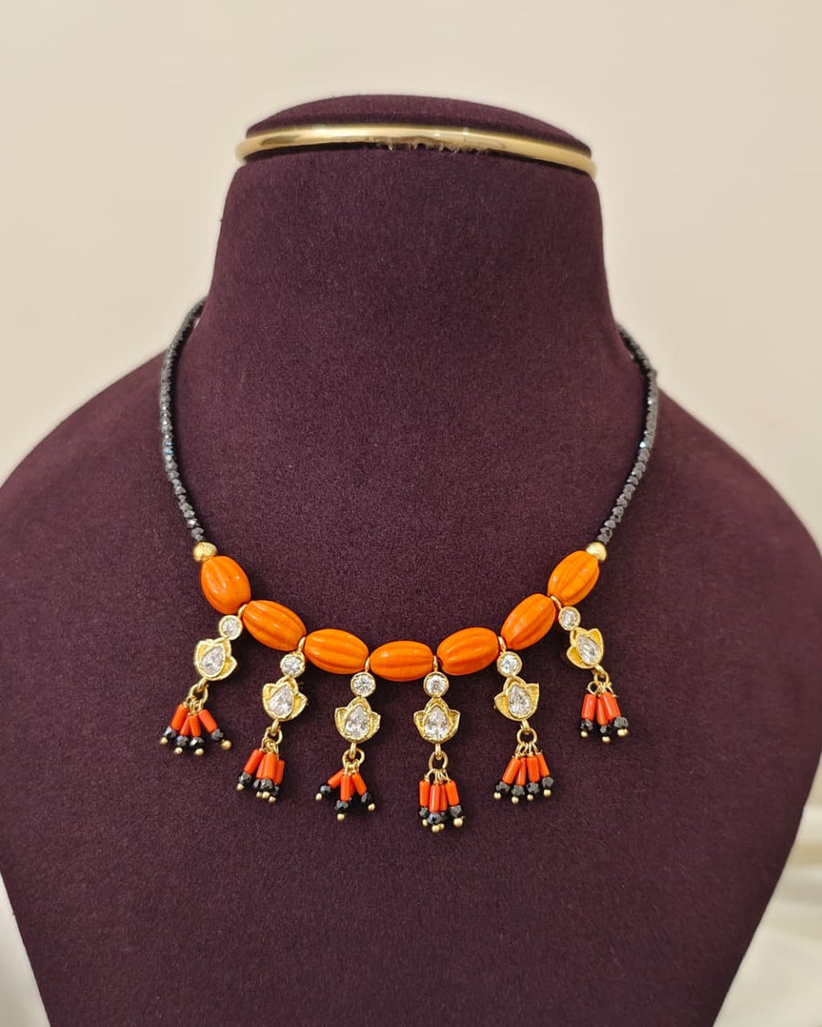 Coral Drop Black Beads Necklace