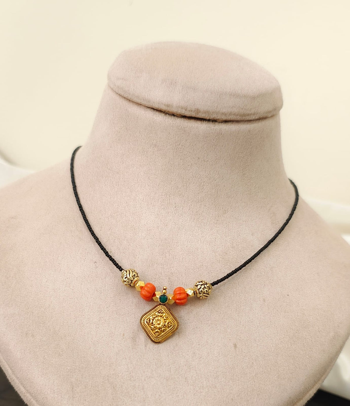 Antique Pendant Coral Black Beads Necklace