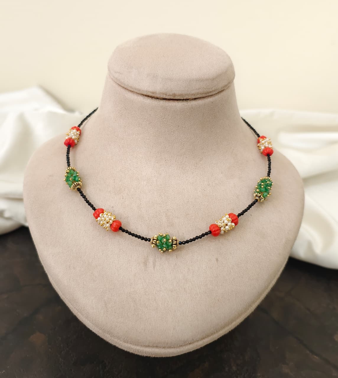 Coral & Green Beaded Black Beads Necklace