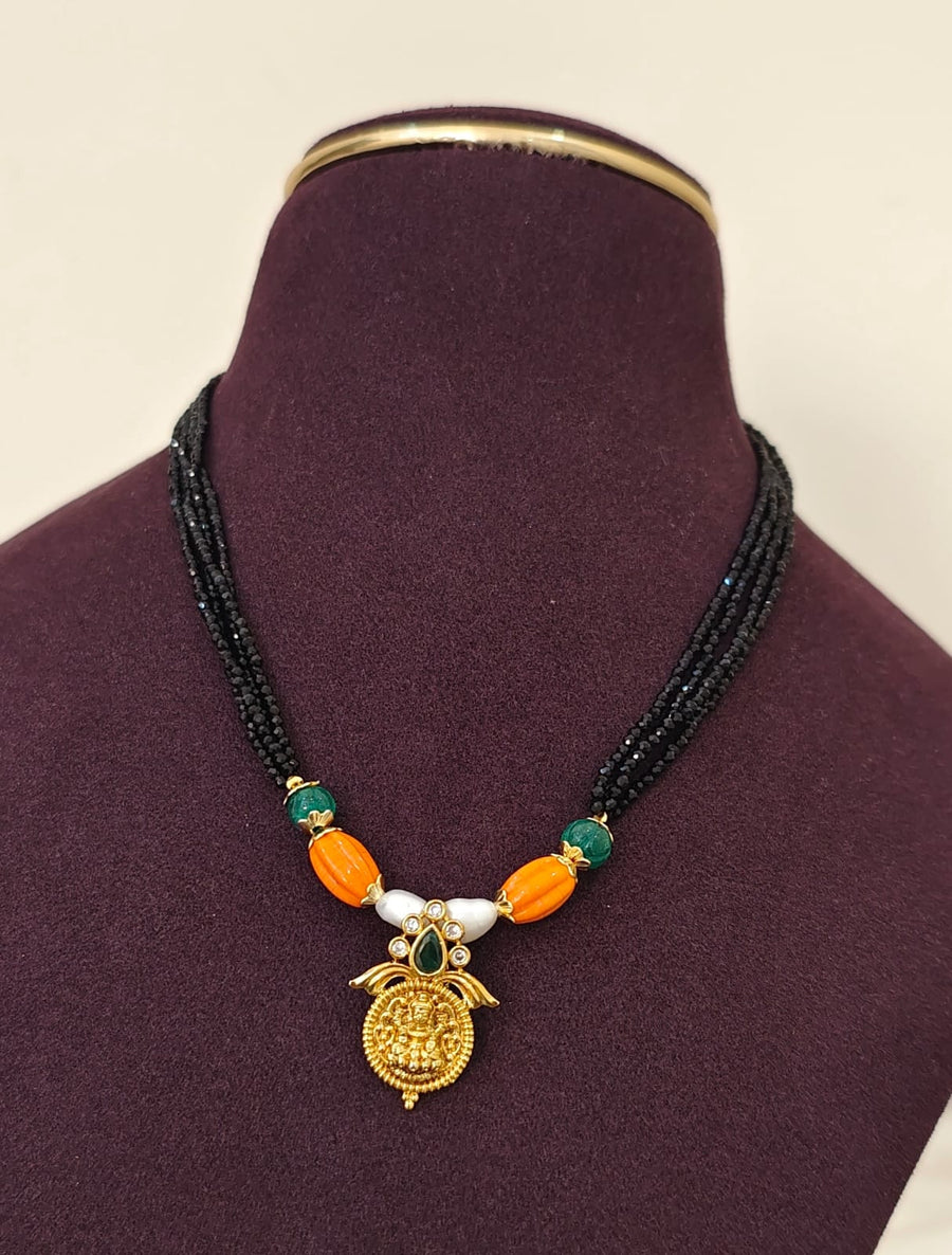 Black Beads Lakshmi Pendant Necklace