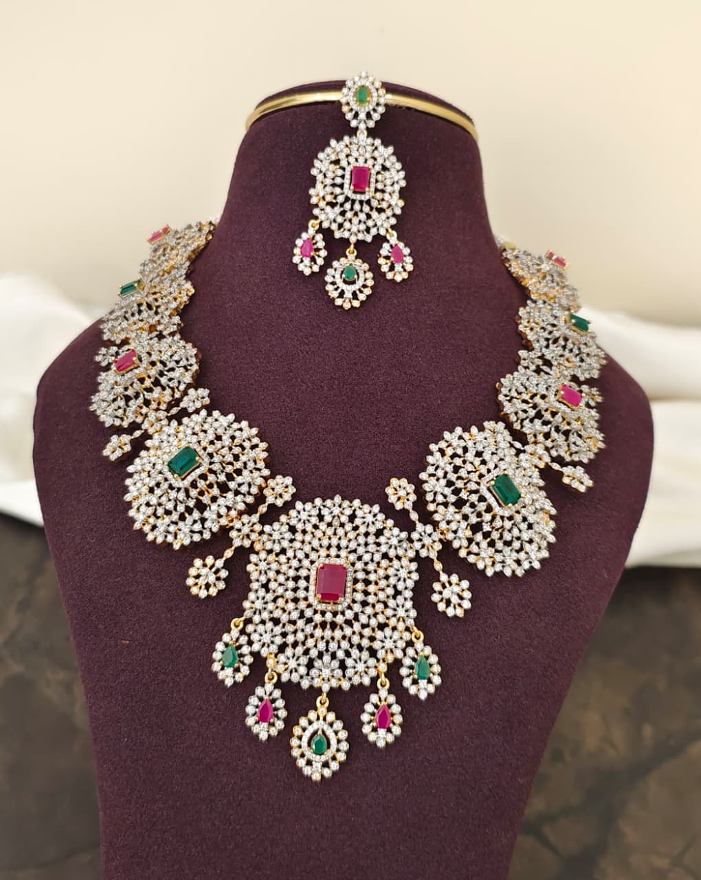 Diamond Inspired Necklace Set – Green & Ruby Variant