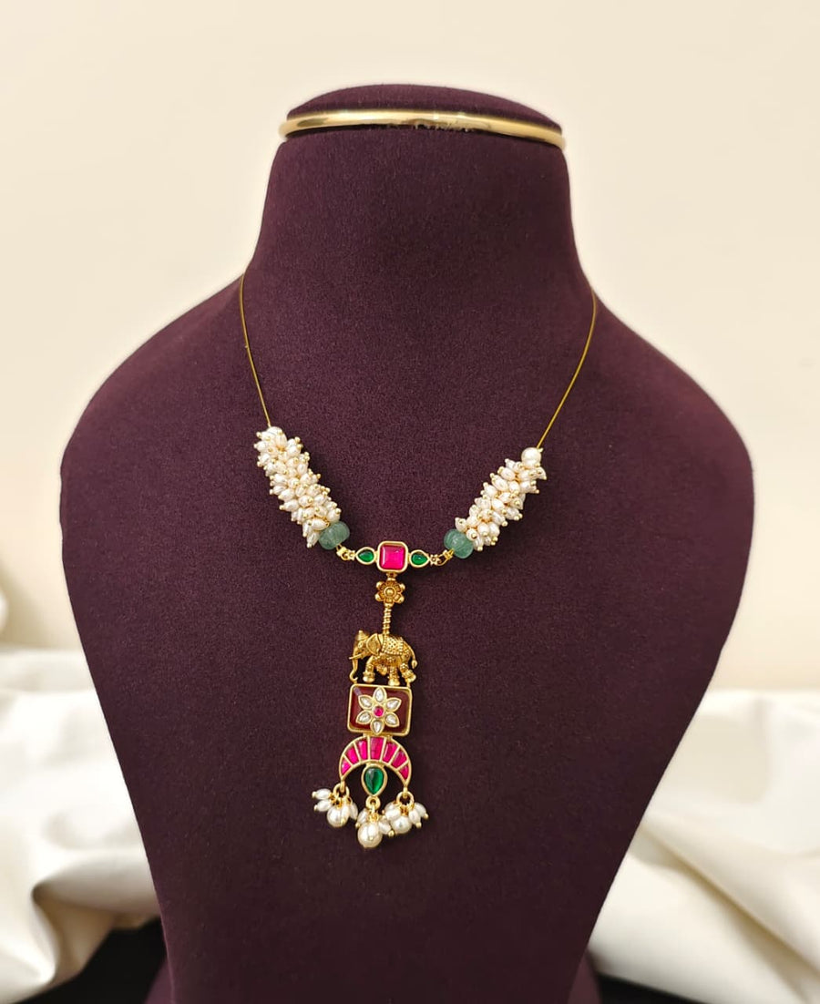 Elephant Handmade Guttapusalu Invisible Chain (Ruby & Green)