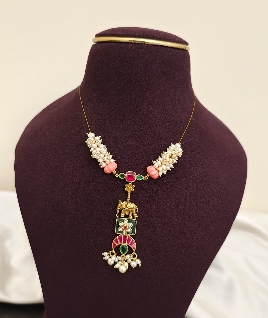 Elephant Guttapusalu Invisible Chain Necklace (Coral Pink & Green)