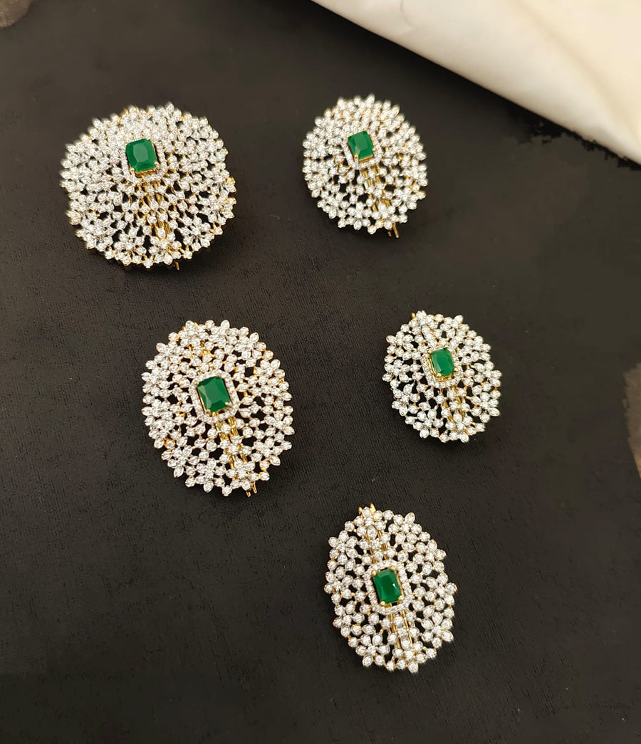 Emerald Stone Floral Hair Brooch Set