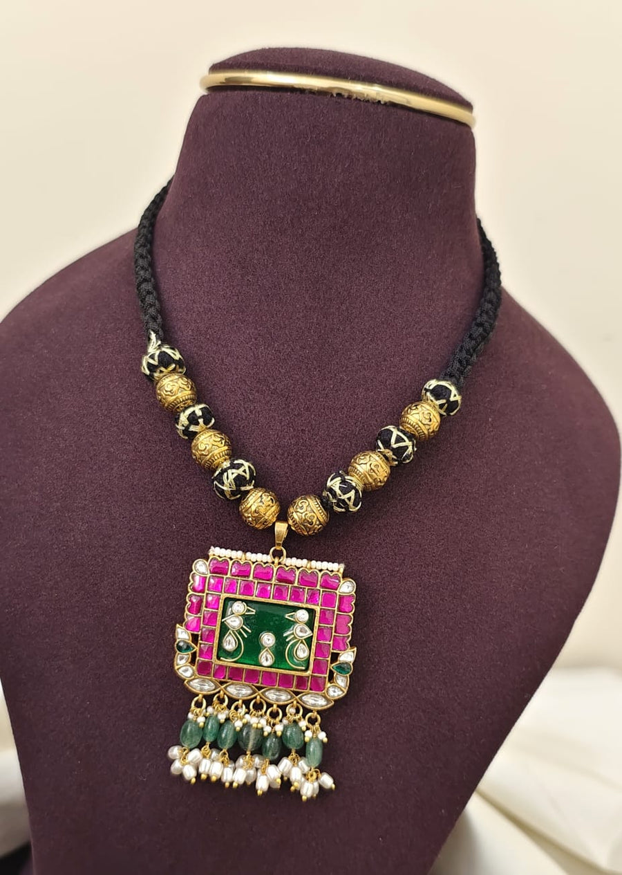 Jadau Kundan Black Thread Necklace - Rectangular Pendant