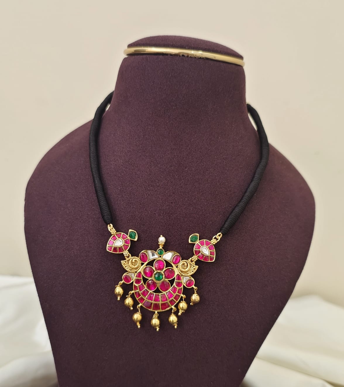 Jadau Kundan Black Thread Necklace - Floral Pendant