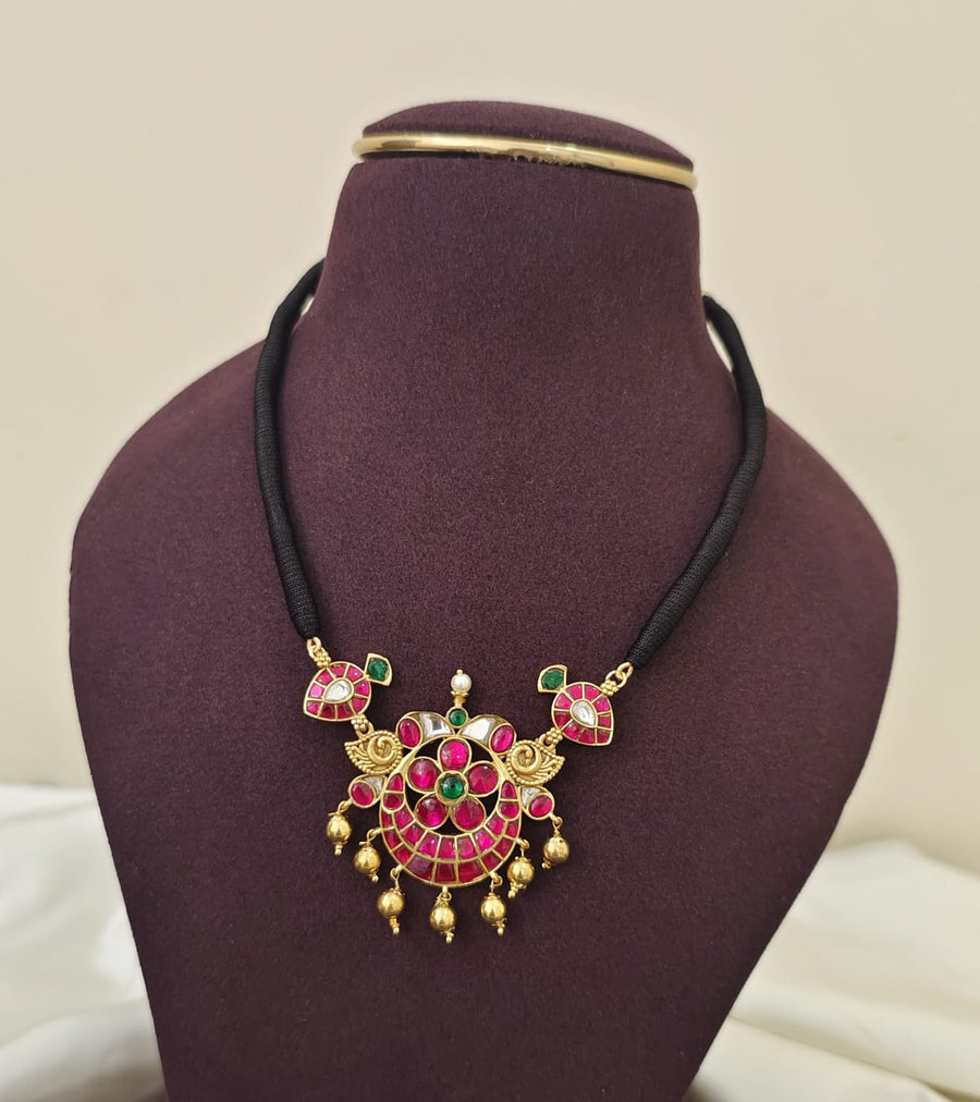 Jadau Kundan Black Thread Necklace - Floral Pendant