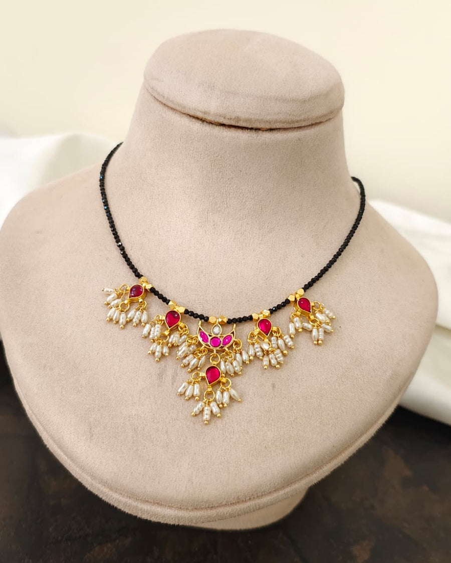 Jadau Kundan Black Beads – Pink