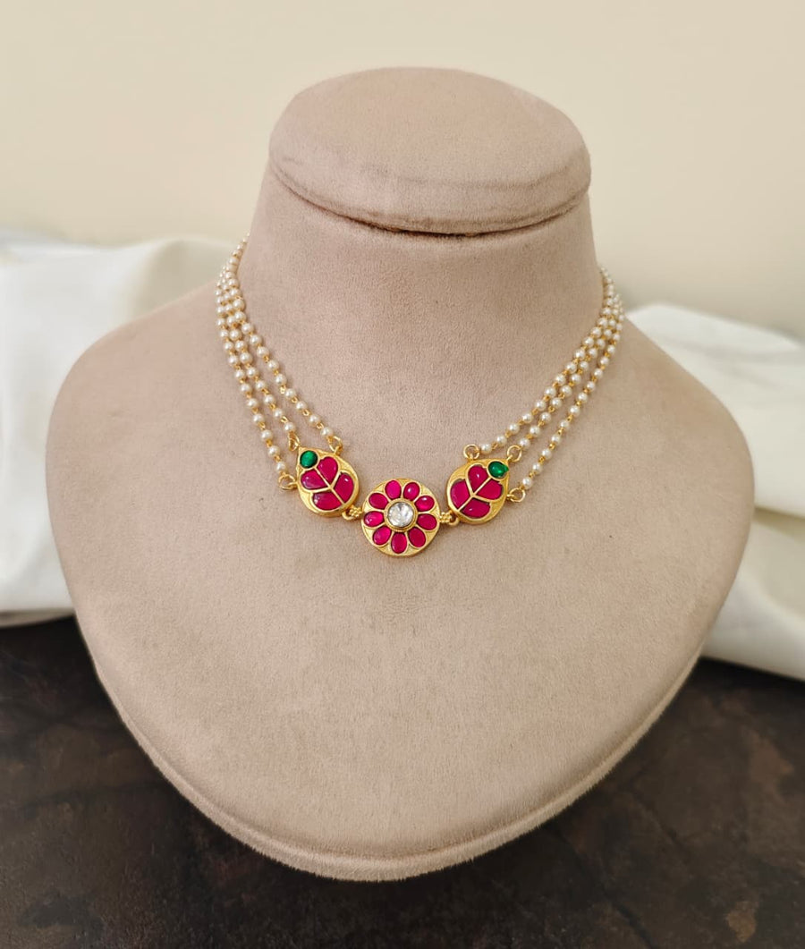 Jadau Pearl Choker - Pink Floral