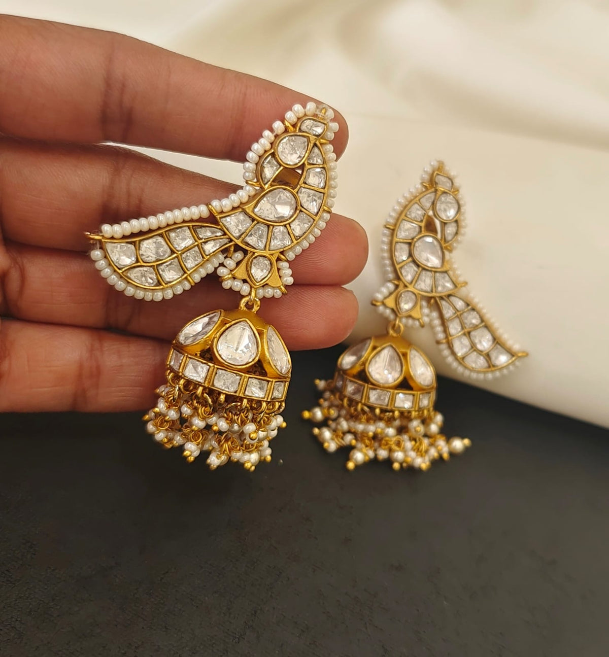 Moissanite Peacock Jhumkas – Pearl Drop