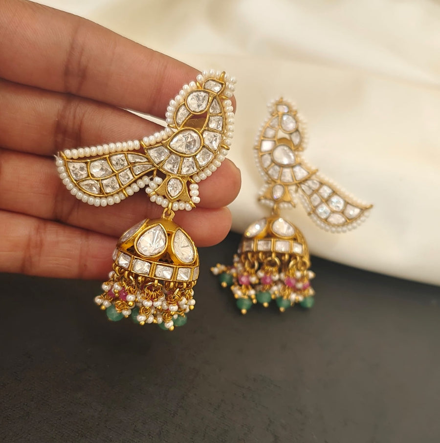 Moissanite Peacock Jhumkas – Multicolor Bead Drops