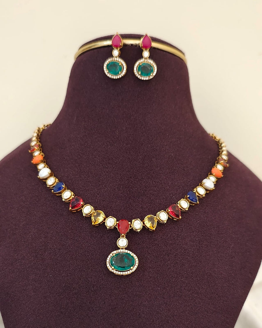 Navaratan Moissanite Necklace Set
