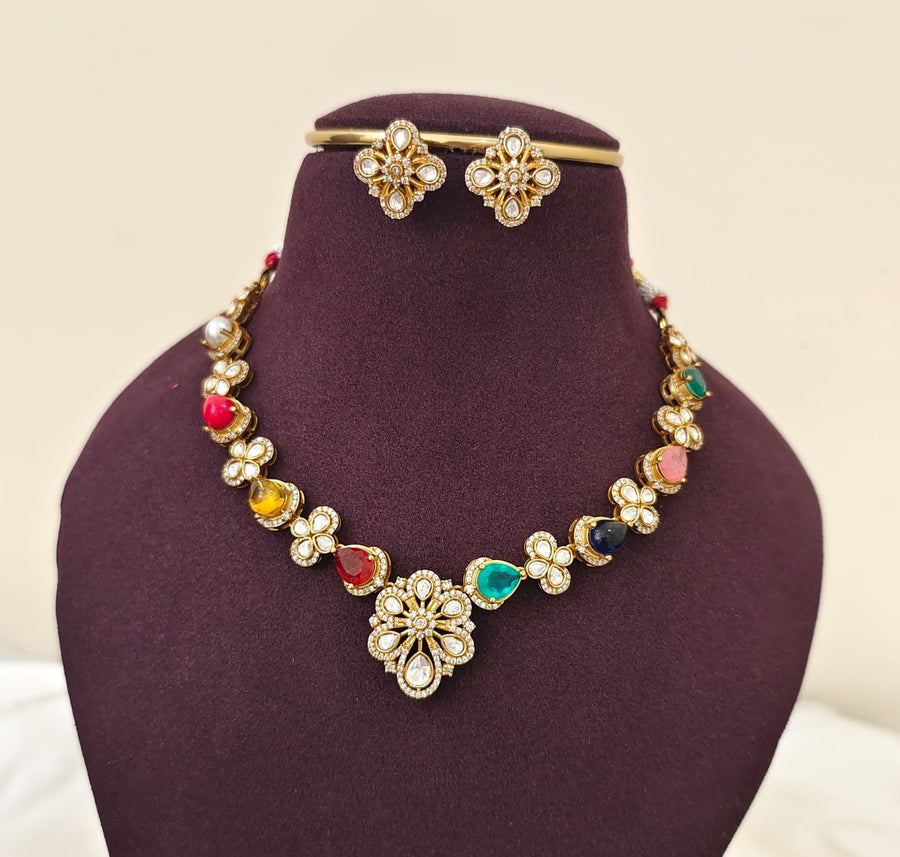 Navaratan Moissanite Floral Neckset