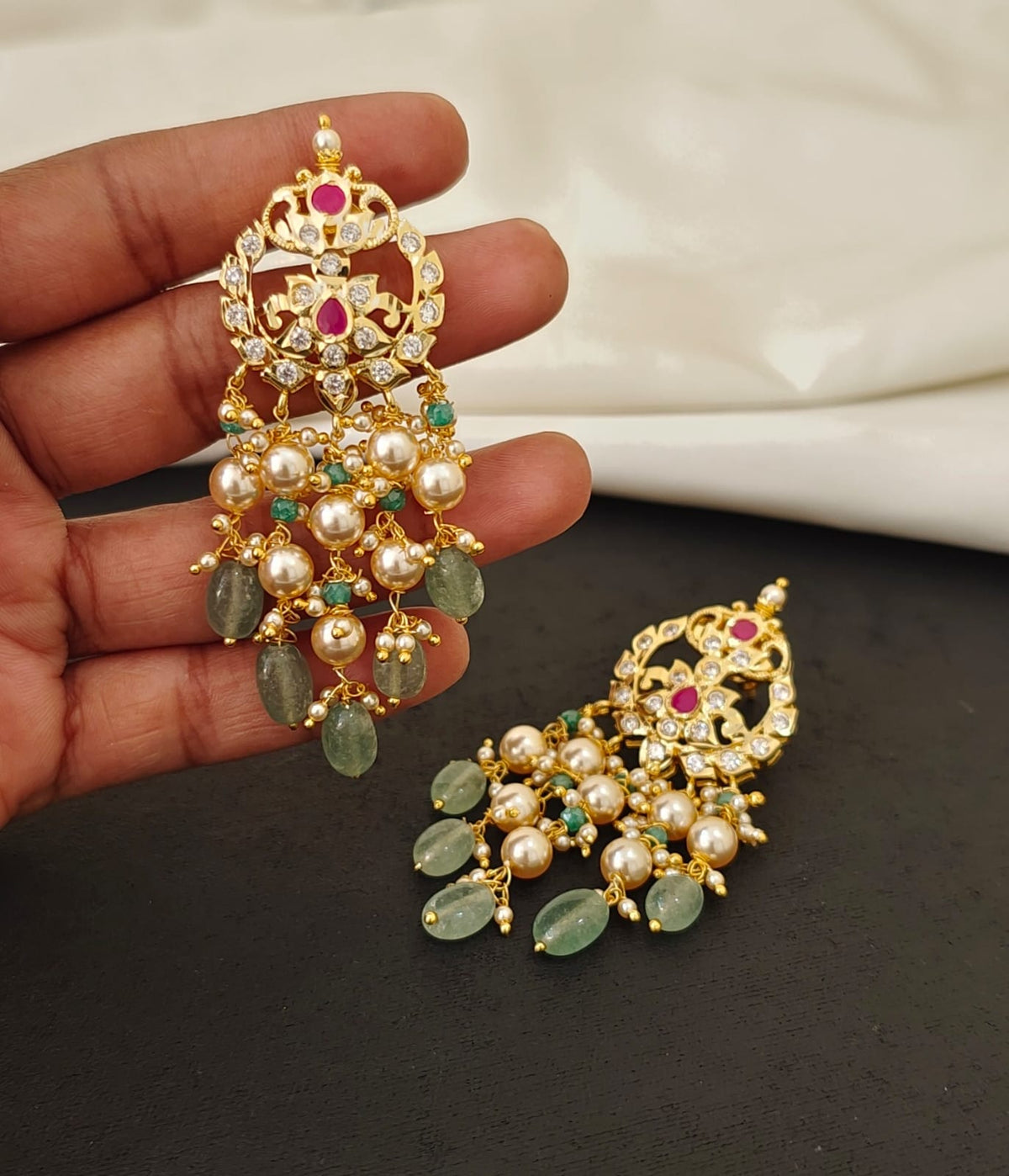Polki Pearl & Green Bead Earrings (Pink Stone)