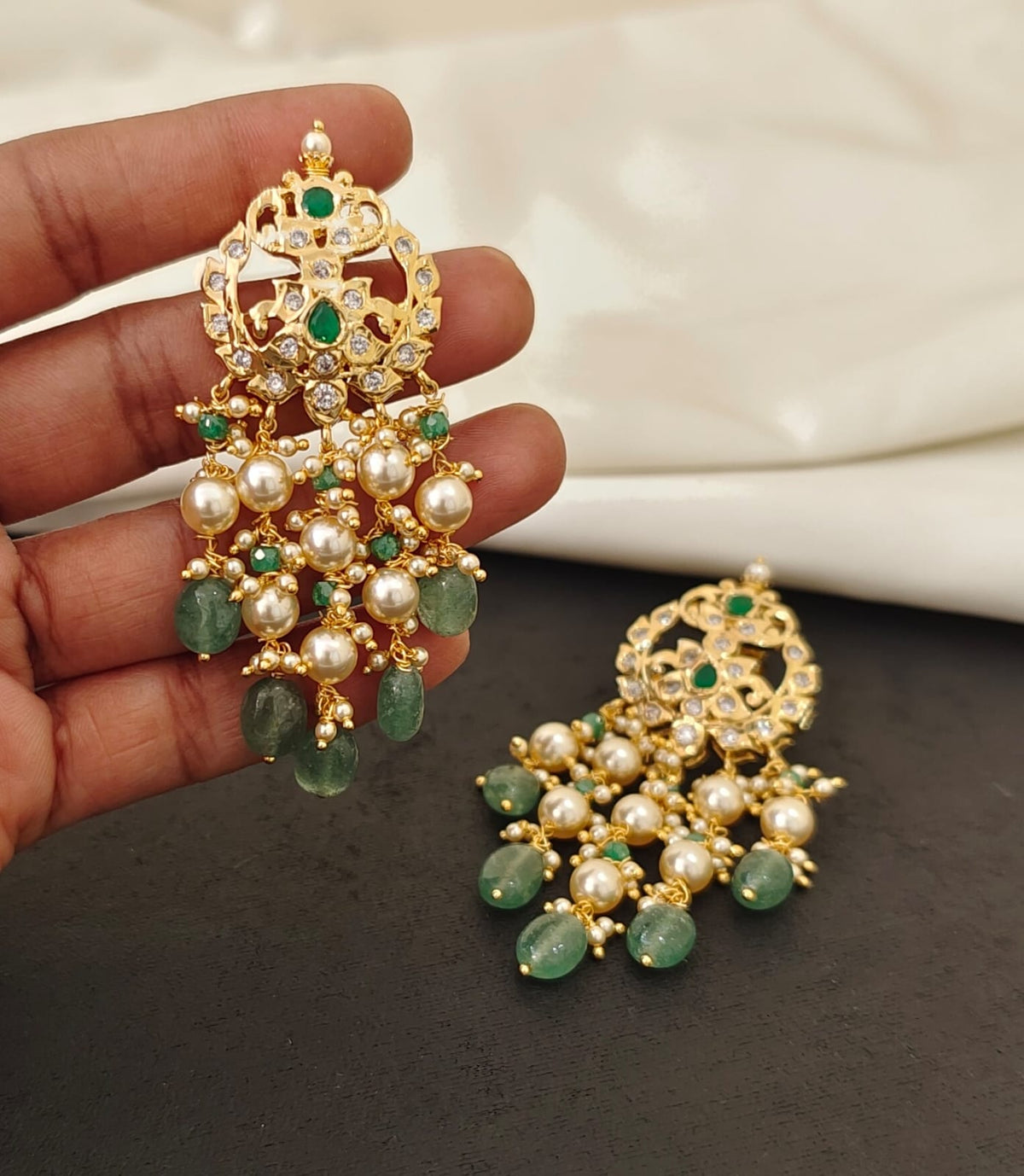 Polki Pearl & Green Bead Earrings (Green Stone)