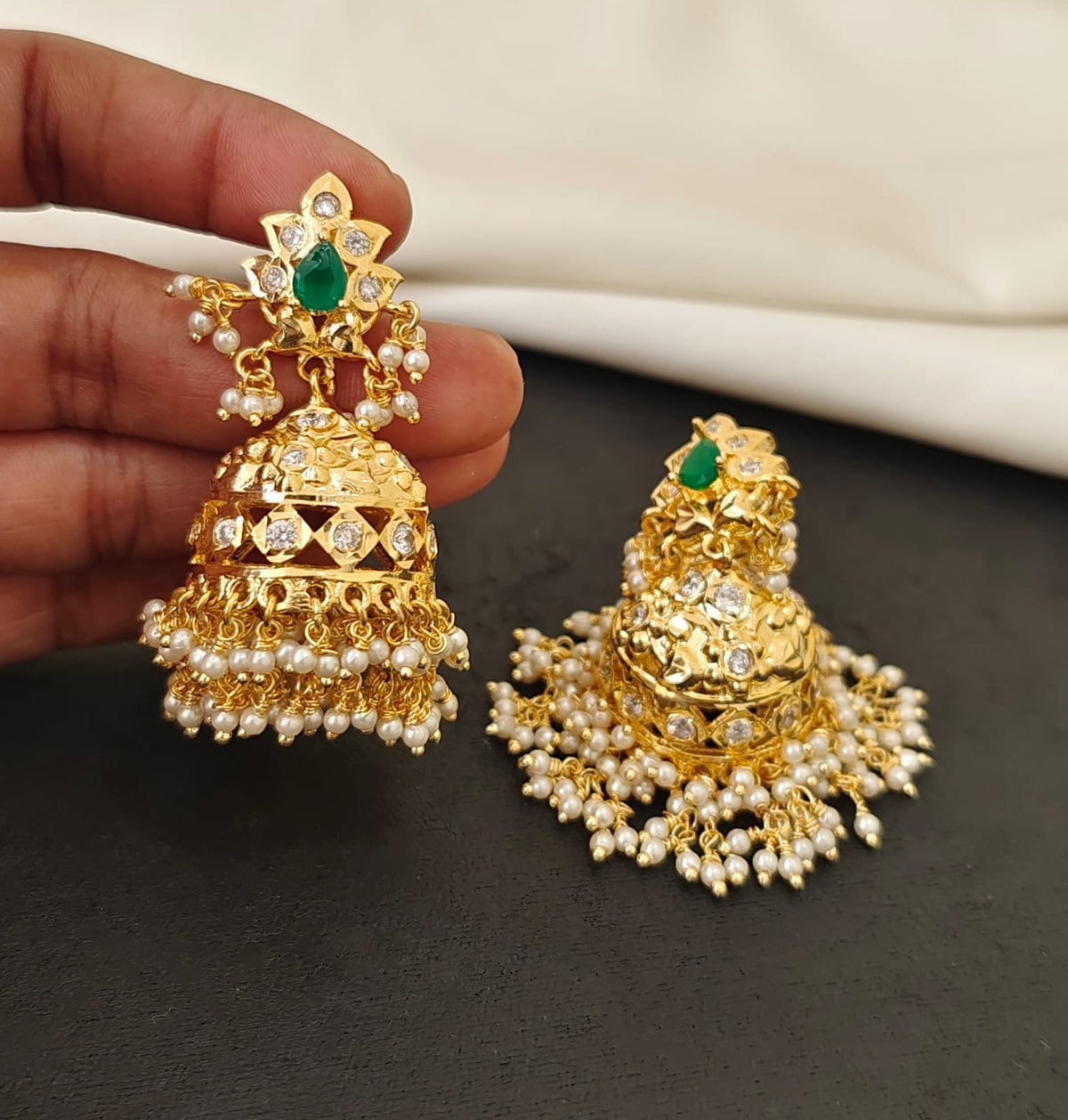 Green Stone Polki Jhumkas