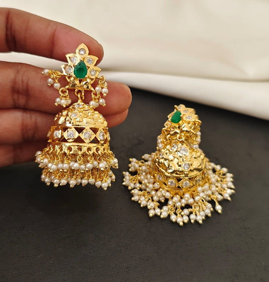 Green Stone Polki Jhumkas