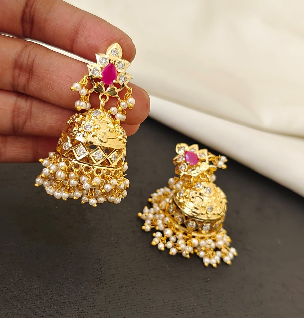 Pink Stone Polki Jhumkas