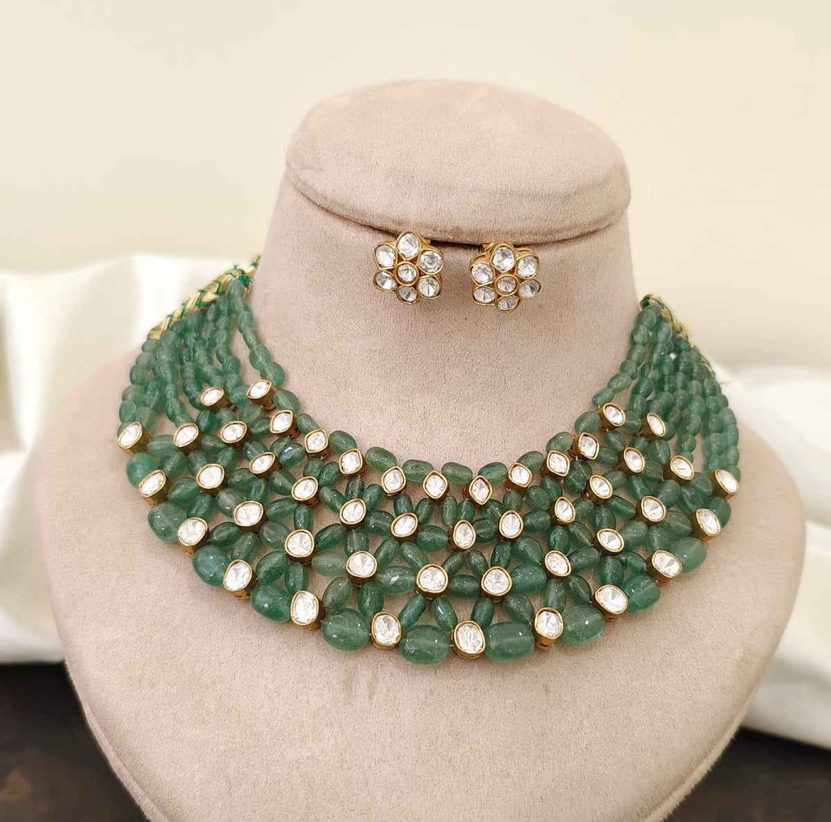Green Real Beads Moissanite Choker Set