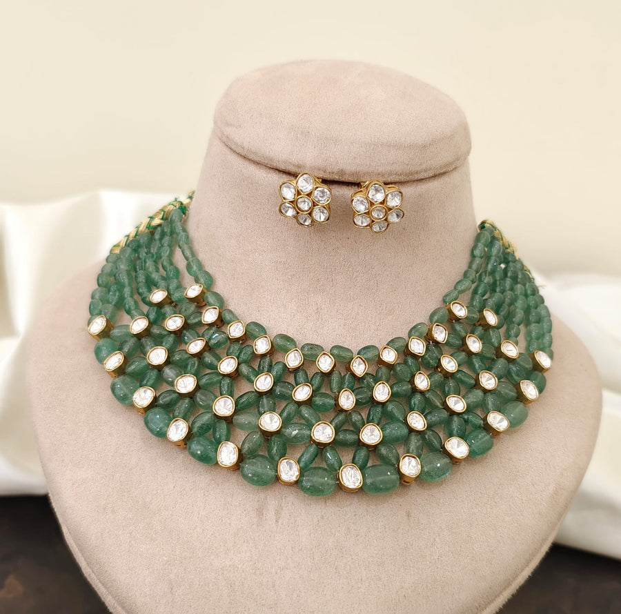 Green Real Beads Moissanite Choker Set
