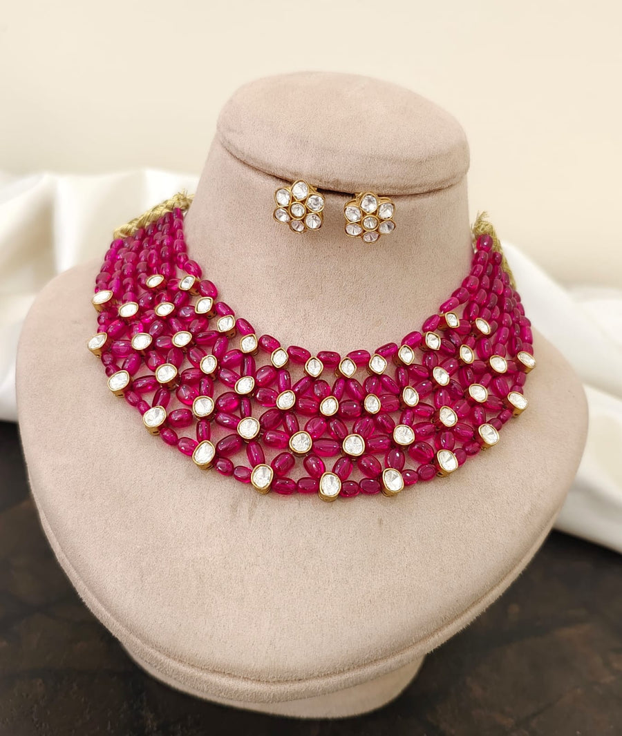 Pink Real Beads Moissanite Choker Set